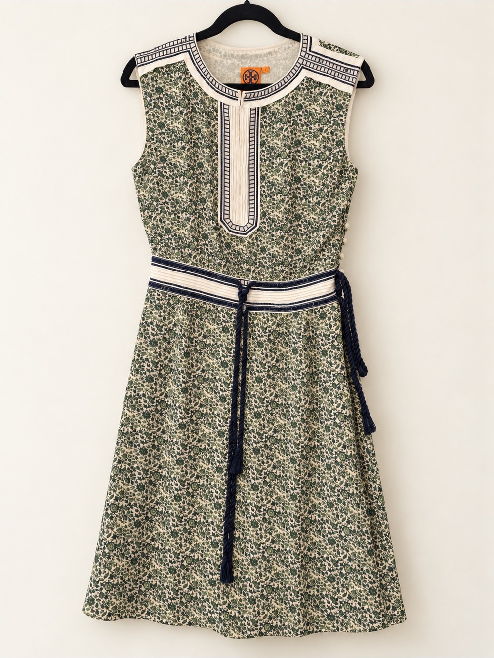 Tory Burch Size 4 Green Floral Sleeveless Belted Tunic Dress